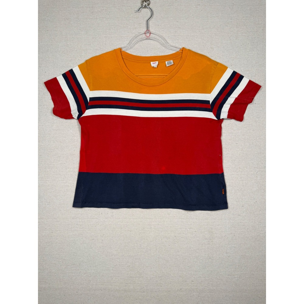Levis Womens XS Colorblock Striped Short Sleeve T-Shirt Orange Red Navy
